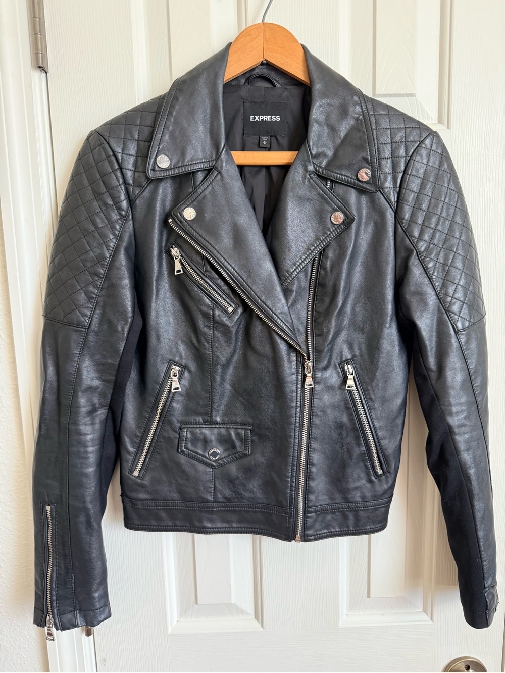 Express Black Quilted Shoulder Leather Moto Jacket